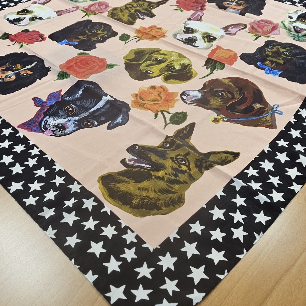 Nathalie Lete Dog Print Square Scarf in Pink with Black Star Border - Picture 4 of 8